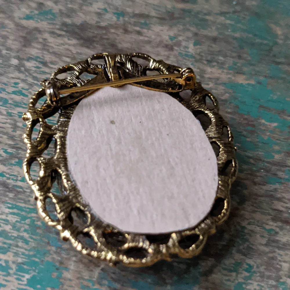 Vintage Embroidered Linen Flower Gold  Framed Coquette Brooch Pin Pendant